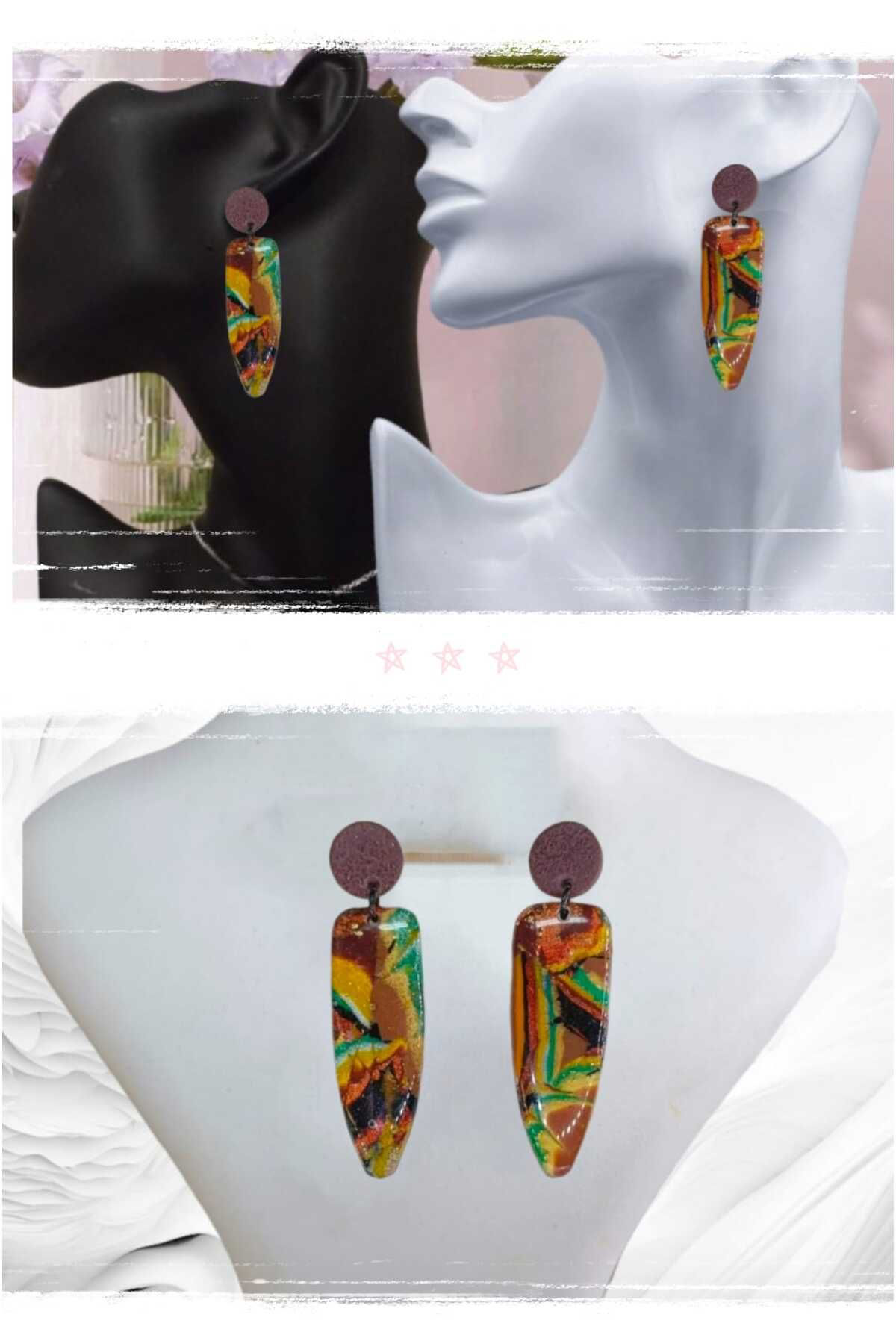 Alaca Doğaltaş Görünümlü Polimer Kil & Epoksi Tasarım Küpe