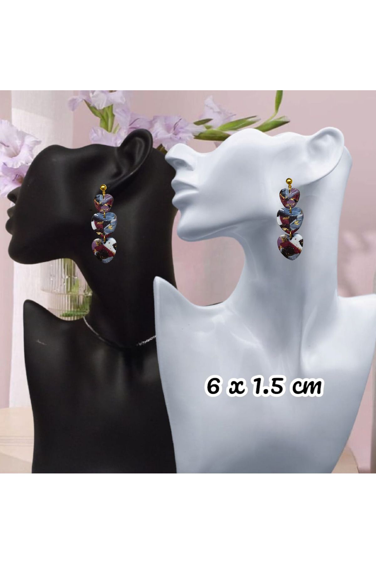 Alacalı Kalp Polimer Kil & Epoksi Tasarım Küpe