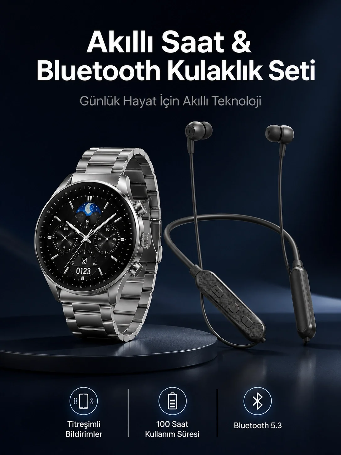 Alarm ve Titreşim Özellikli Akıllı Saat ve Mikrofonlu Kablolu Bluetooth Kulaklık 60 Saat