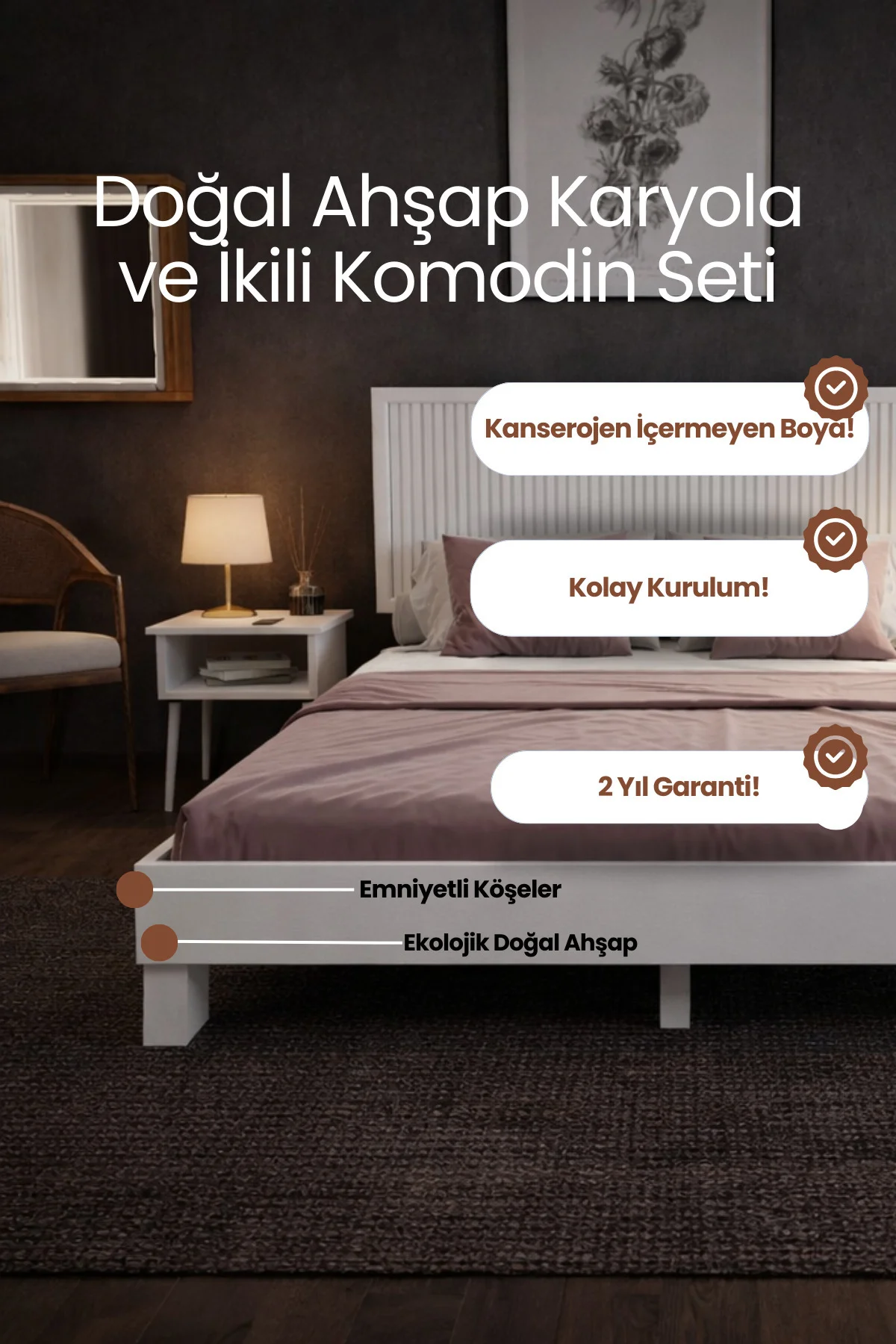 Alaz Dikey Çizgili Başlıklı Masif Doğal Ahşap Karyola ve İki Adet Komodin Seti Fiyatı, Yorumları ve Özellikleri