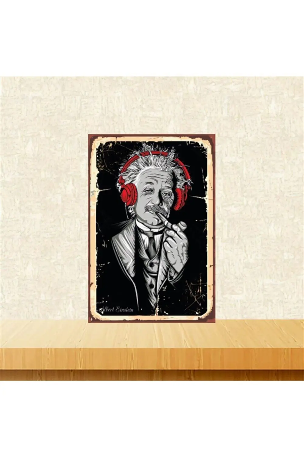 Albert Einstein Kulaklık Tasarımlı 20-30 Cm Retro Ahşap Tablo Tkf