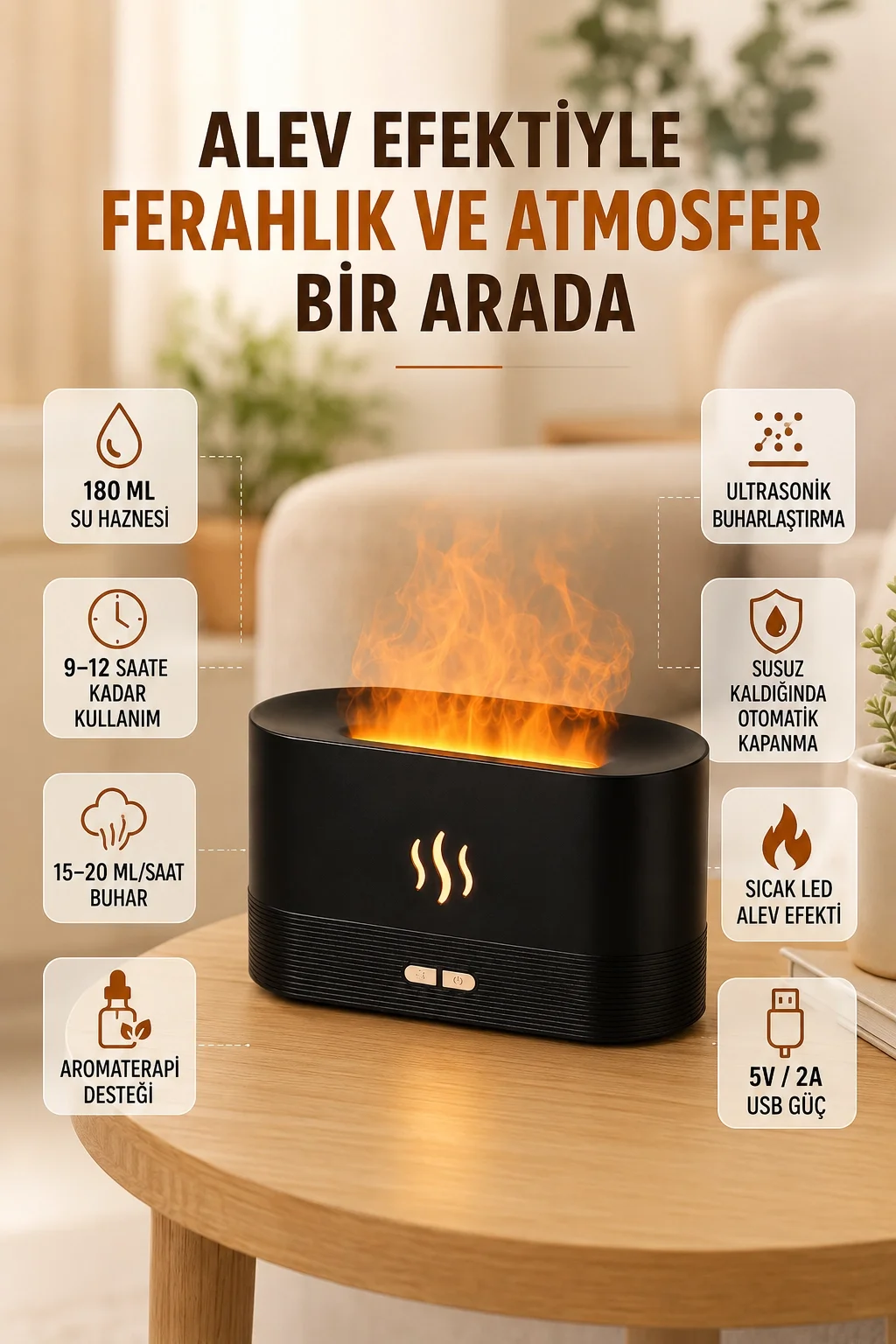 Alev Efektli Aroma Difüzörü Uçucu Yağ Destekli USB Hava Nemlendirici Fiyatı, Yorumları ve Özellikleri