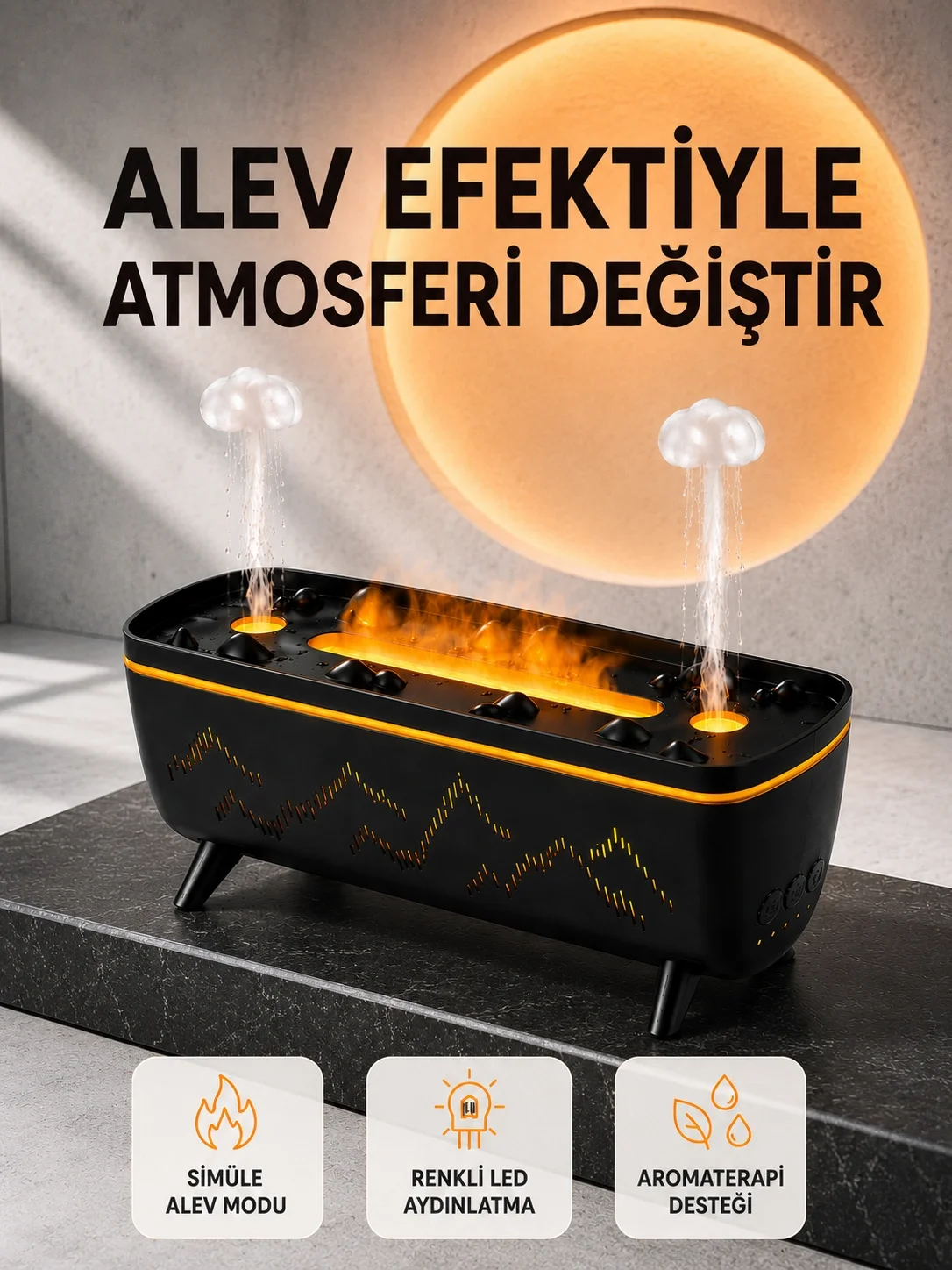 Alev Efektli Hava Nemlendirici 280 ML Esansiyel Yağ Uyumlu Jöle Yağmur Efektli Difüzör Alev Efektli Hava Nemlendirici 280 ML Esansiyel Yağ Uyumlu Jöle Yağmur Efektli Difüzör
