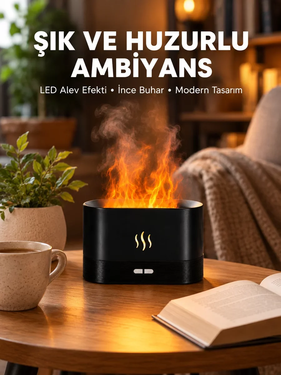 Alev Efektli LED Kumandalı Oda Nemlendirici ve Aroma Diffüzörü