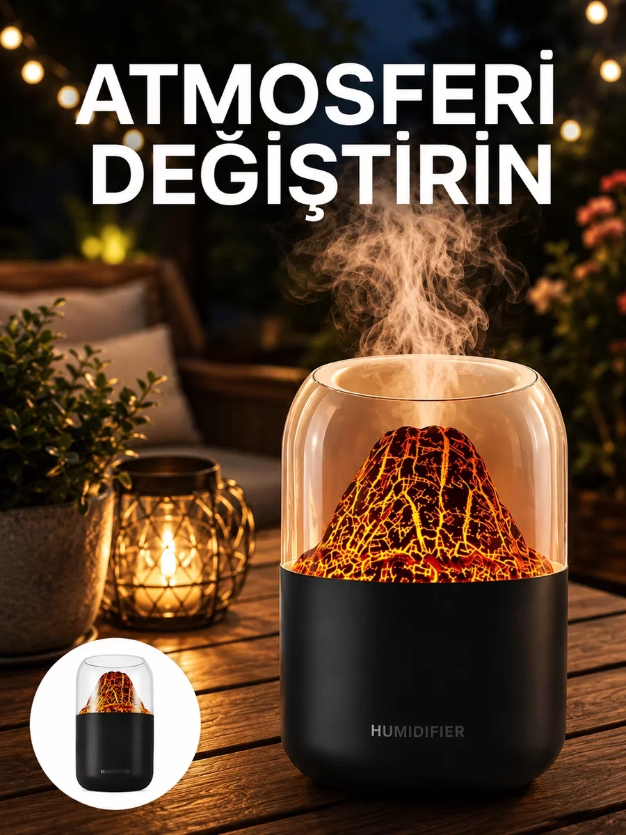 Alev Efektli Ultrasonik Difüzör – Sessiz Çalışma Yeni Nesil 7 Renk LED