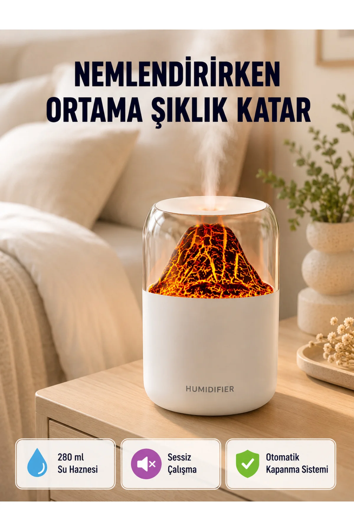 Alev Efektli Ultrasonik Uçucu Yağ Difüzörü 280ml Su Tanklı ve Sessiz Çalışma Özellikli Alev Efektli Ultrasonik Uçucu Yağ Difüzörü 280ml Su Tanklı ve Sessiz Çalışma Özellikli
