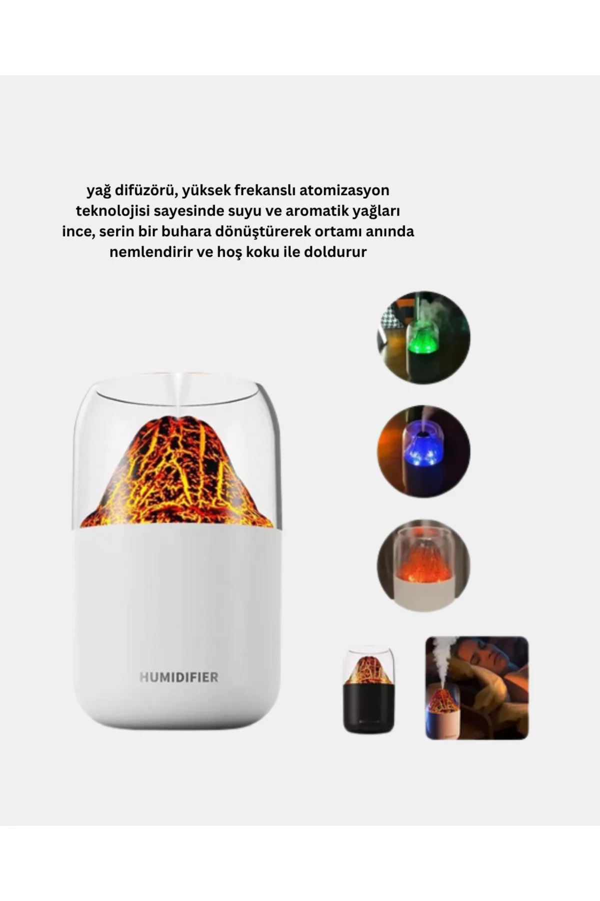 Alev Efektli Ultrasonik Uçucu Yağ Difüzörü 280ml Su Tanklı ve Sessiz Çalışma Özellikli