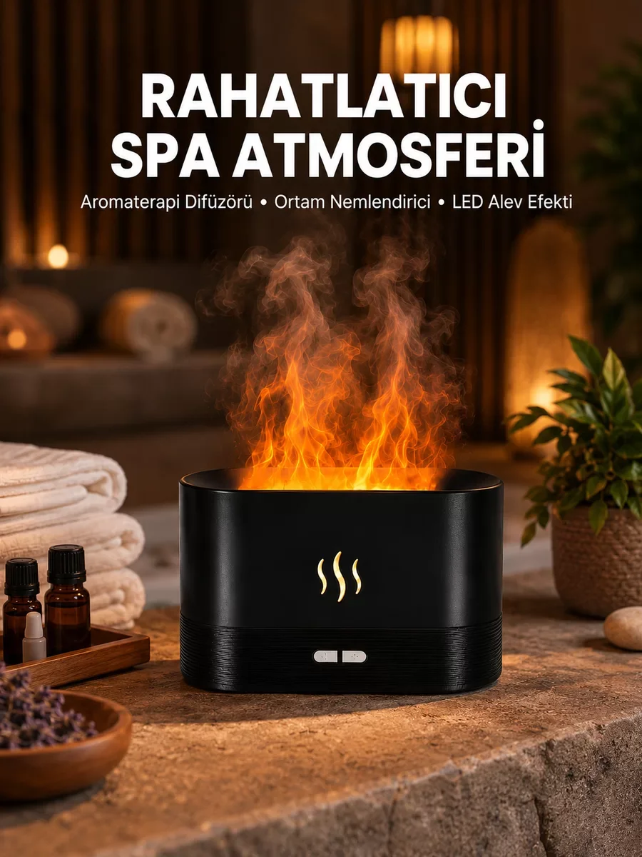 Alev Görünümlü LED Aromatik Difüzör ve Hava Nemlendirici - Kumandalı Modern Tasarım