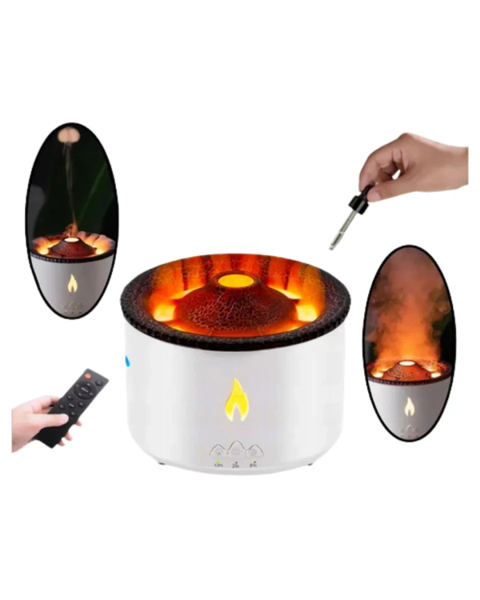 Alev ve Volkan Efektli Ultrasonik Aroma Difüzörü LED Gece Lambalı Hava Nemlendirici