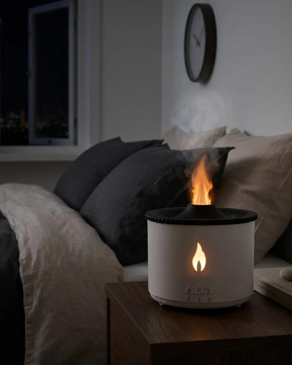 Alev ve Volkan Efektli Ultrasonik Aroma Difüzörü LED Gece Lambalı Hava Nemlendirici