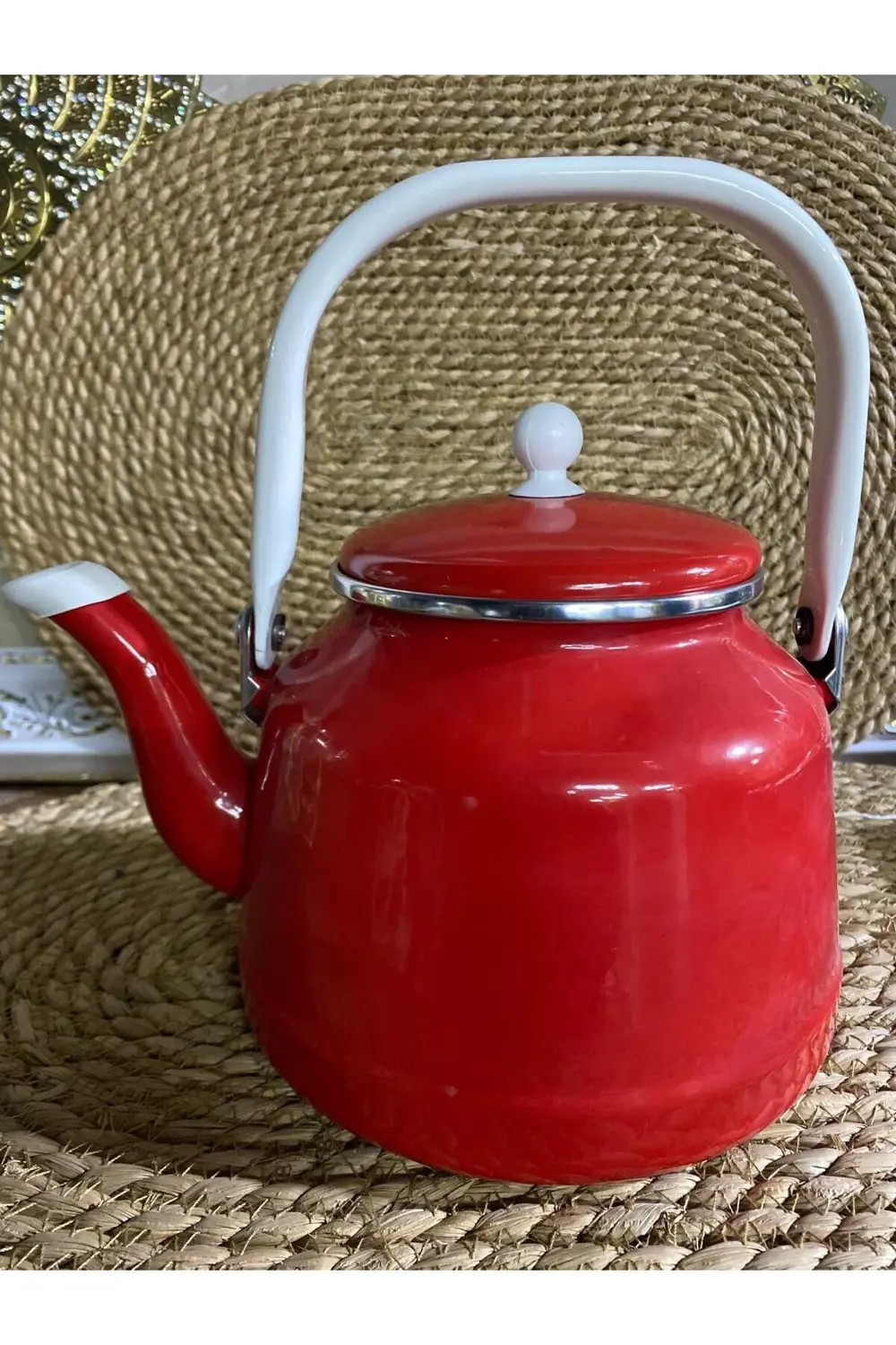 Alev Vintage Demlik - Emaye Çaydanlık Kettle - Kırmızı - 2.5 Litr