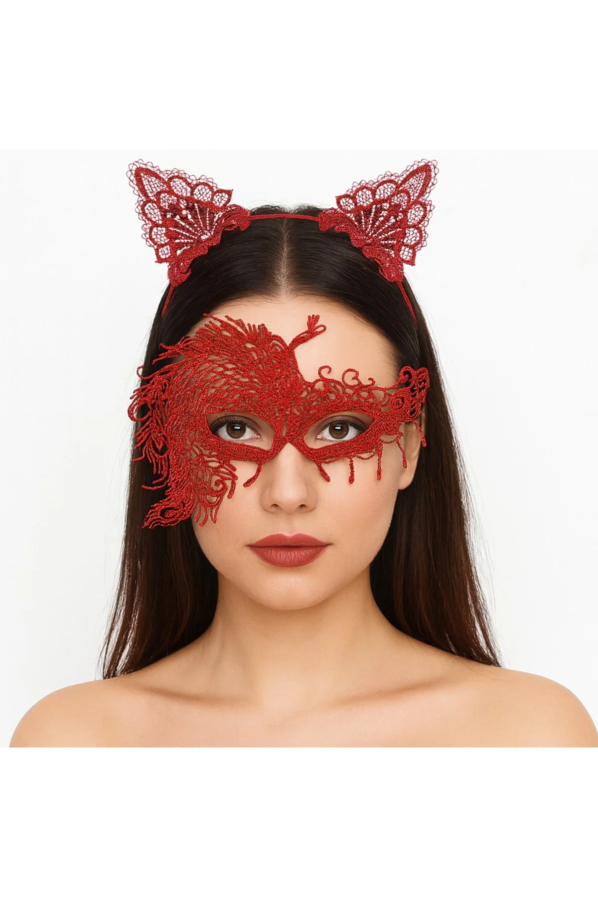 Alevin Zarafeti Kırmızı Dantel Maske ve Taç Seti 4 No – Kadın Kostüm Tamamlayıcı/ TrendXhome