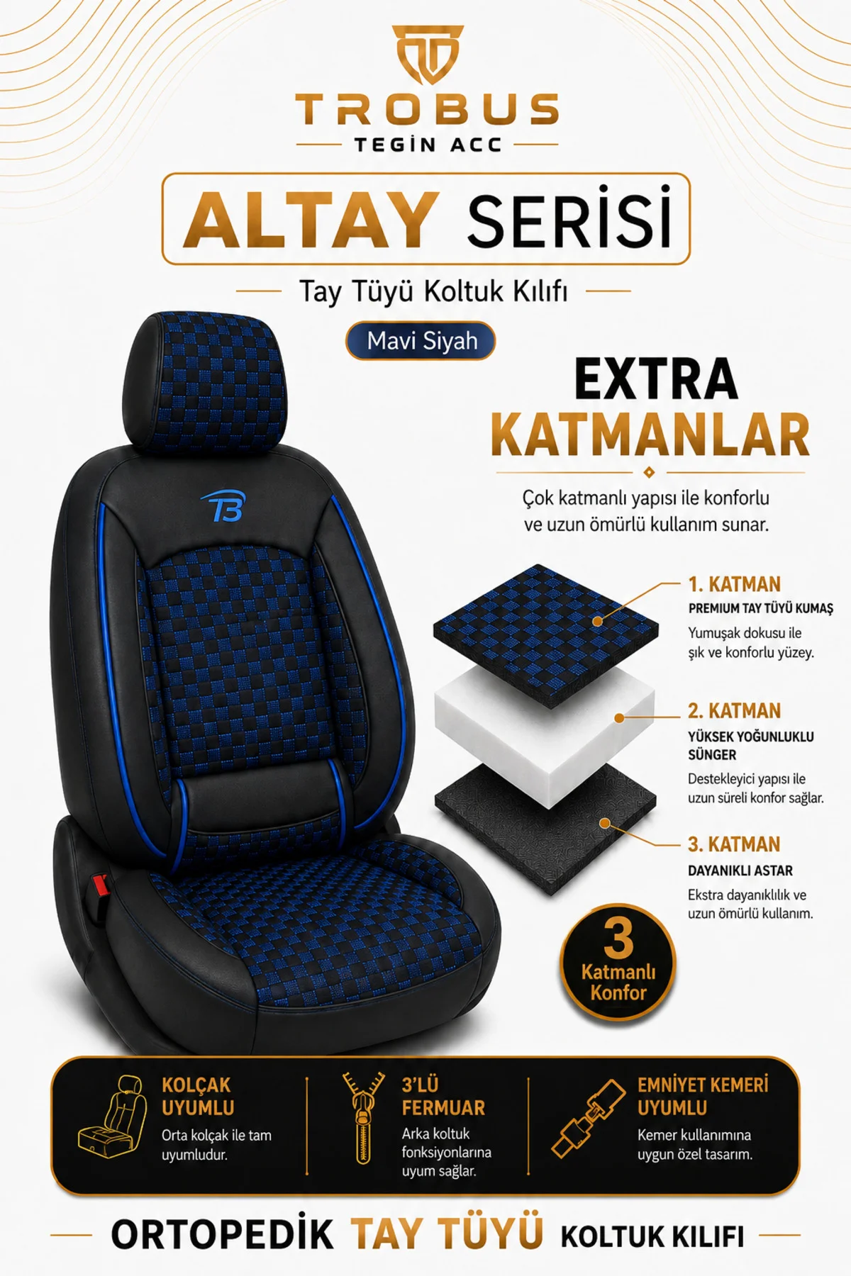 Alfa Romeo 156 1997-2007 Uyumlu Altay Bel Destekli Tay Tüyü Siyah Mavi Koltuk Kılıfı Fiyatı, Yorumları ve Özellikleri