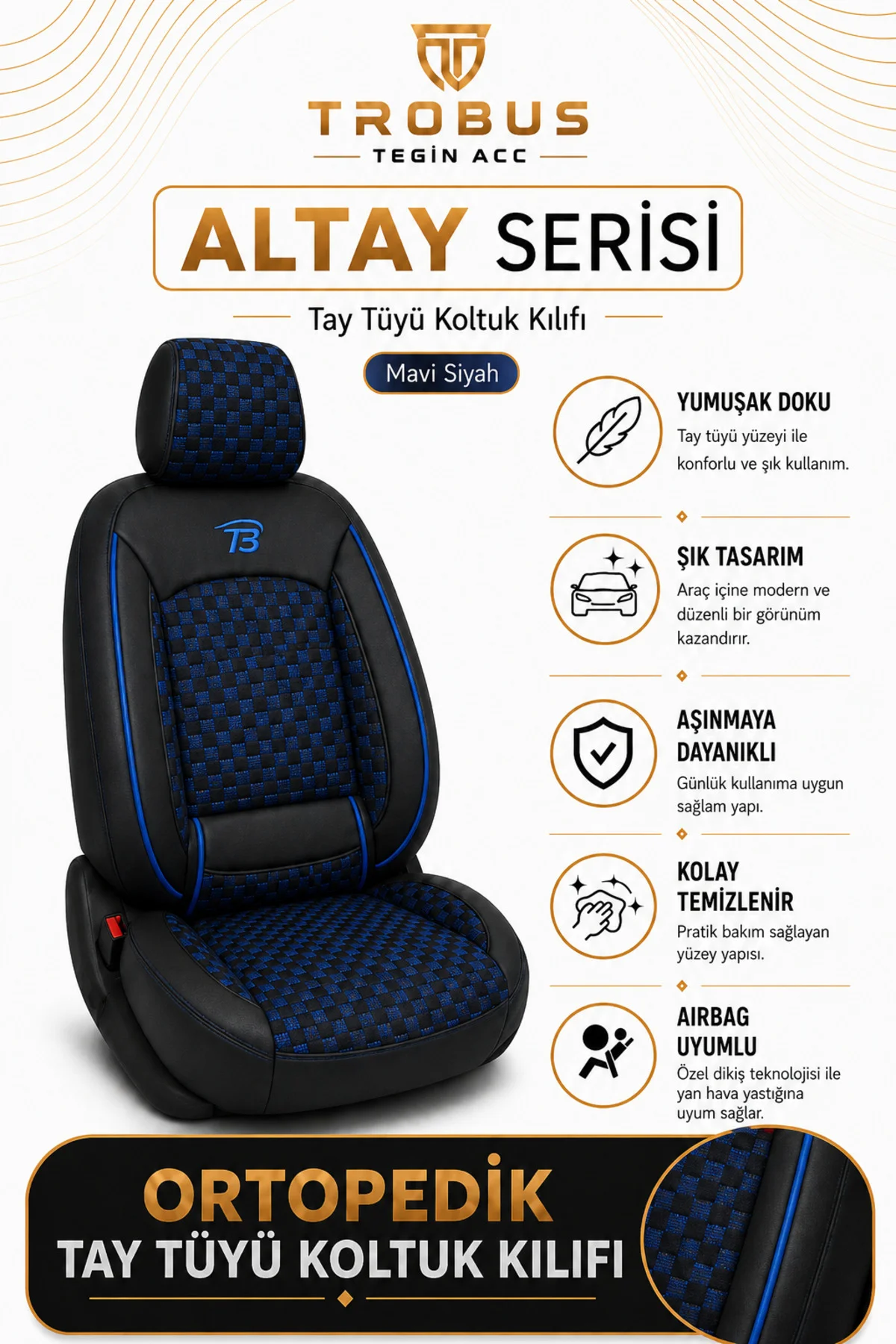 Alfa Romeo 156 1997-2007 Uyumlu Altay Bel Destekli Tay Tüyü Siyah Mavi Koltuk Kılıfı Fiyatı, Yorumları ve Özellikleri