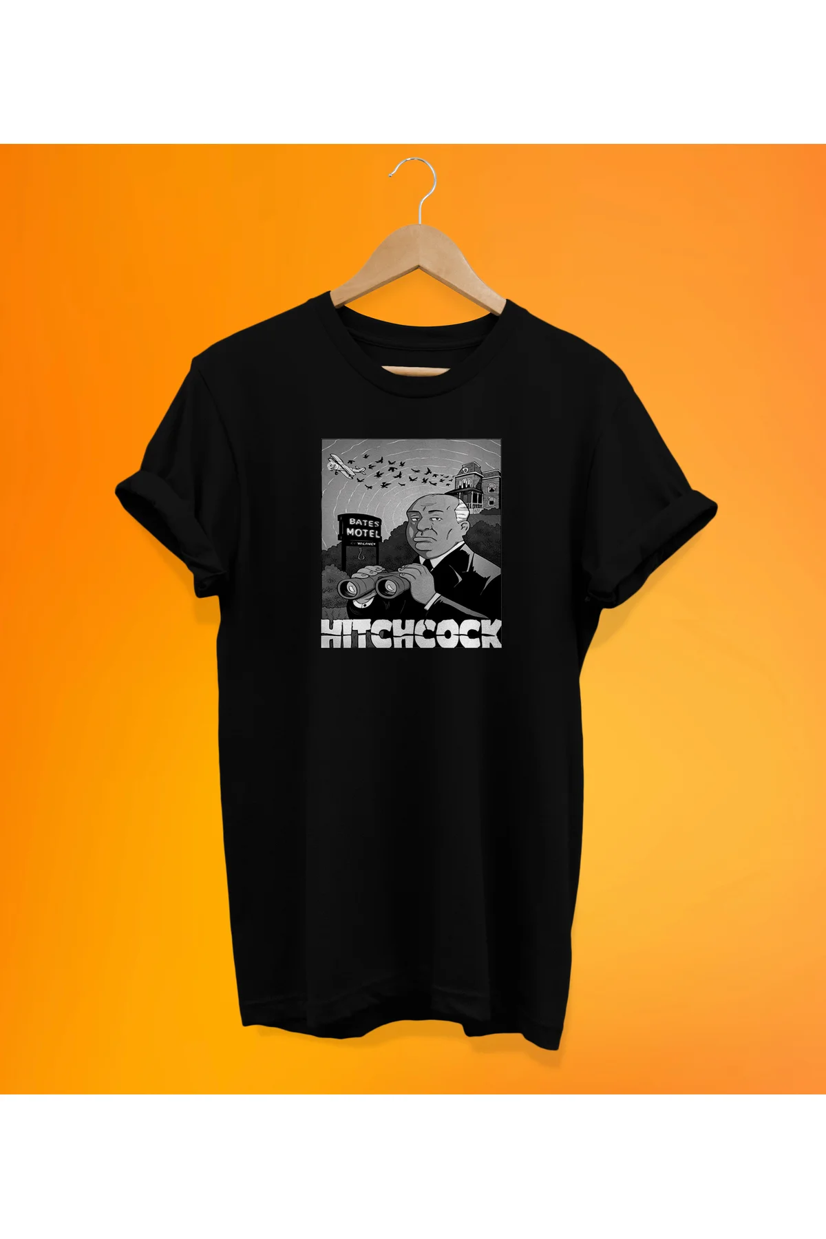 Alfred Hıtchcock Baskılı Siyah, %100 Pamuk, Oversize, Büyük Beden