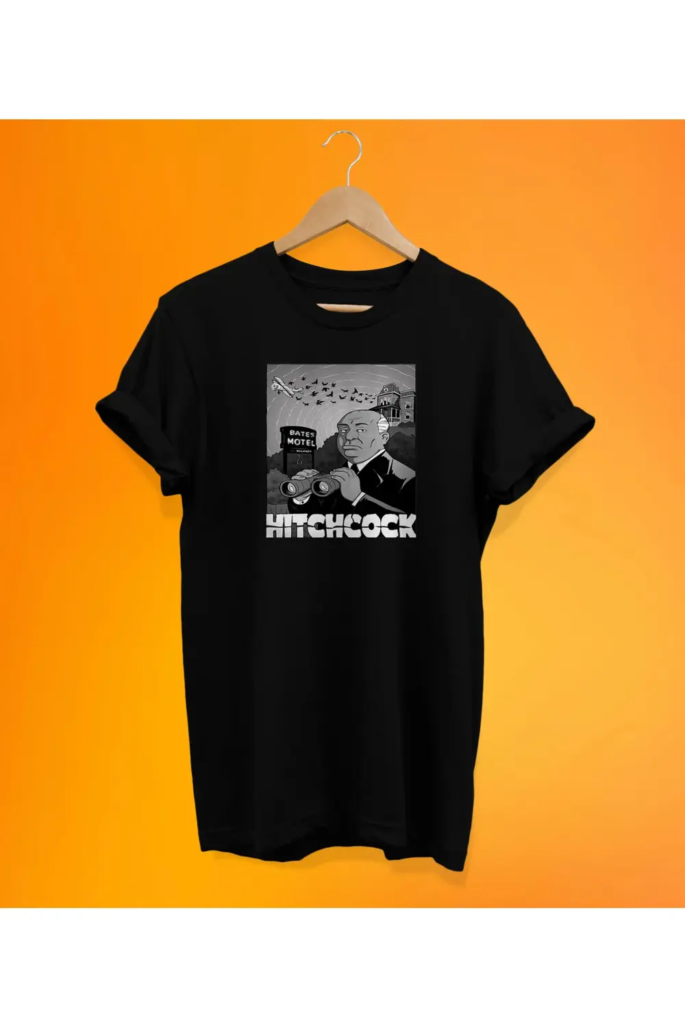 Alfred Hıtchcock Baskılı Siyah, %100 Pamuk, Oversize, Büyük Beden