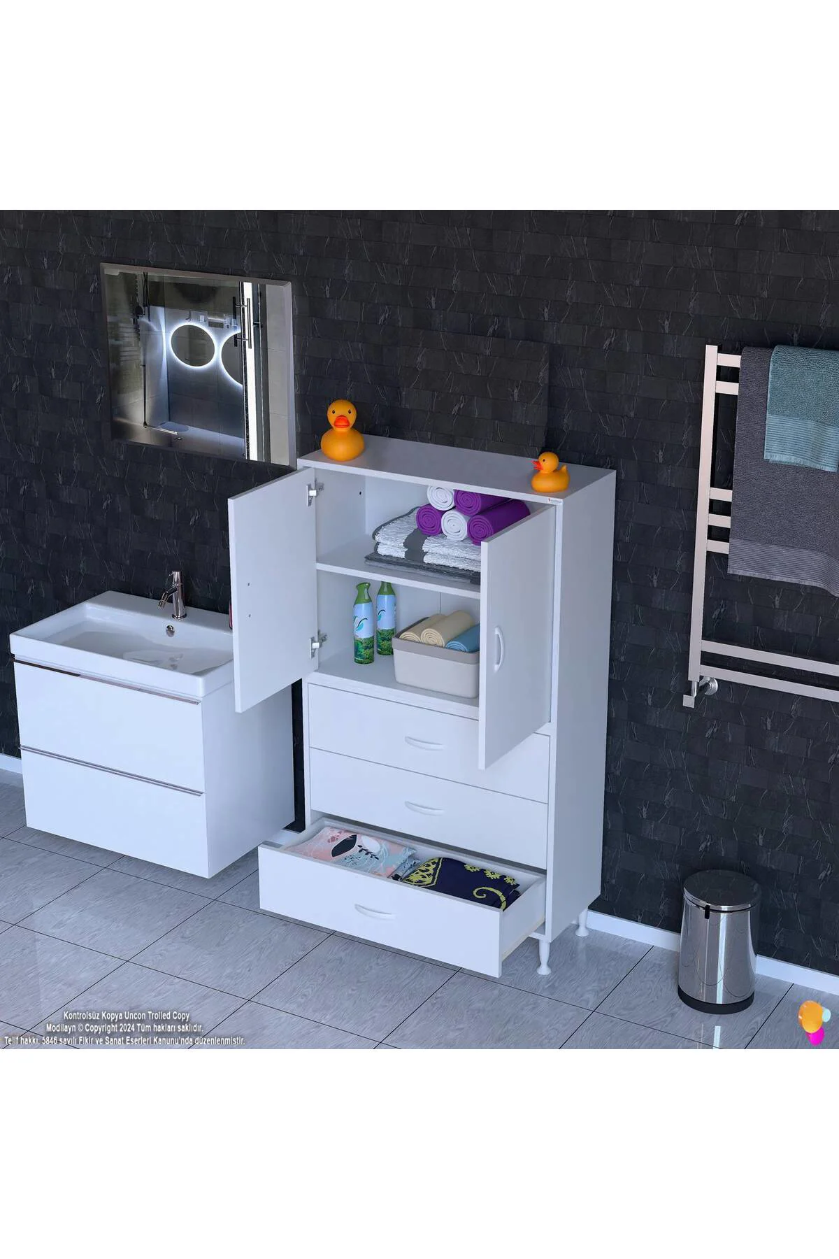 Alia Çok Kullanışlı Dolap G:75 cm Üst Bölme Kapaklı Alt Bölme Çek