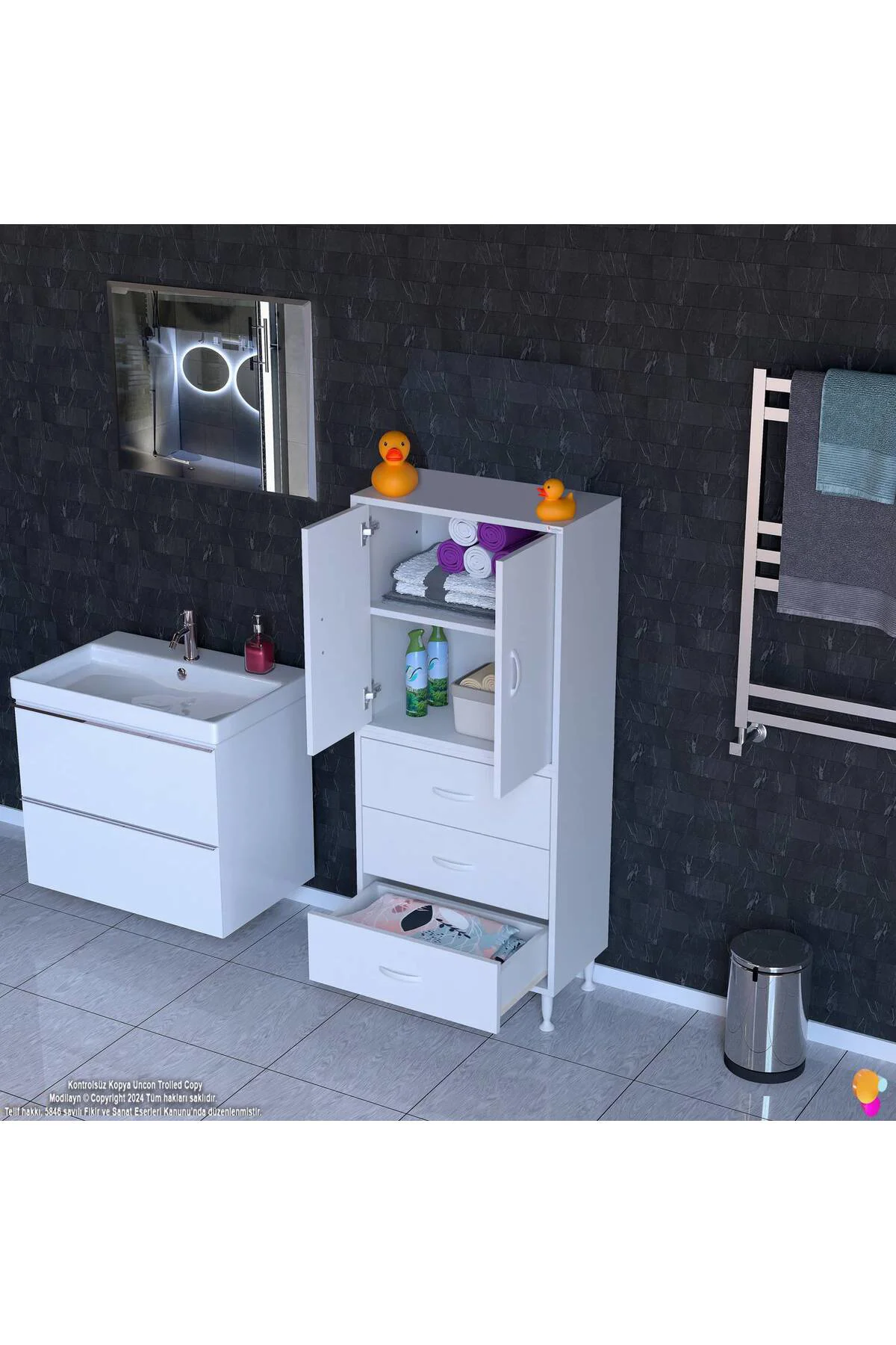 Alia Çok Kullanışlı Dolap G:65 cm Üst Bölme Kapaklı Alt Bölme Çek