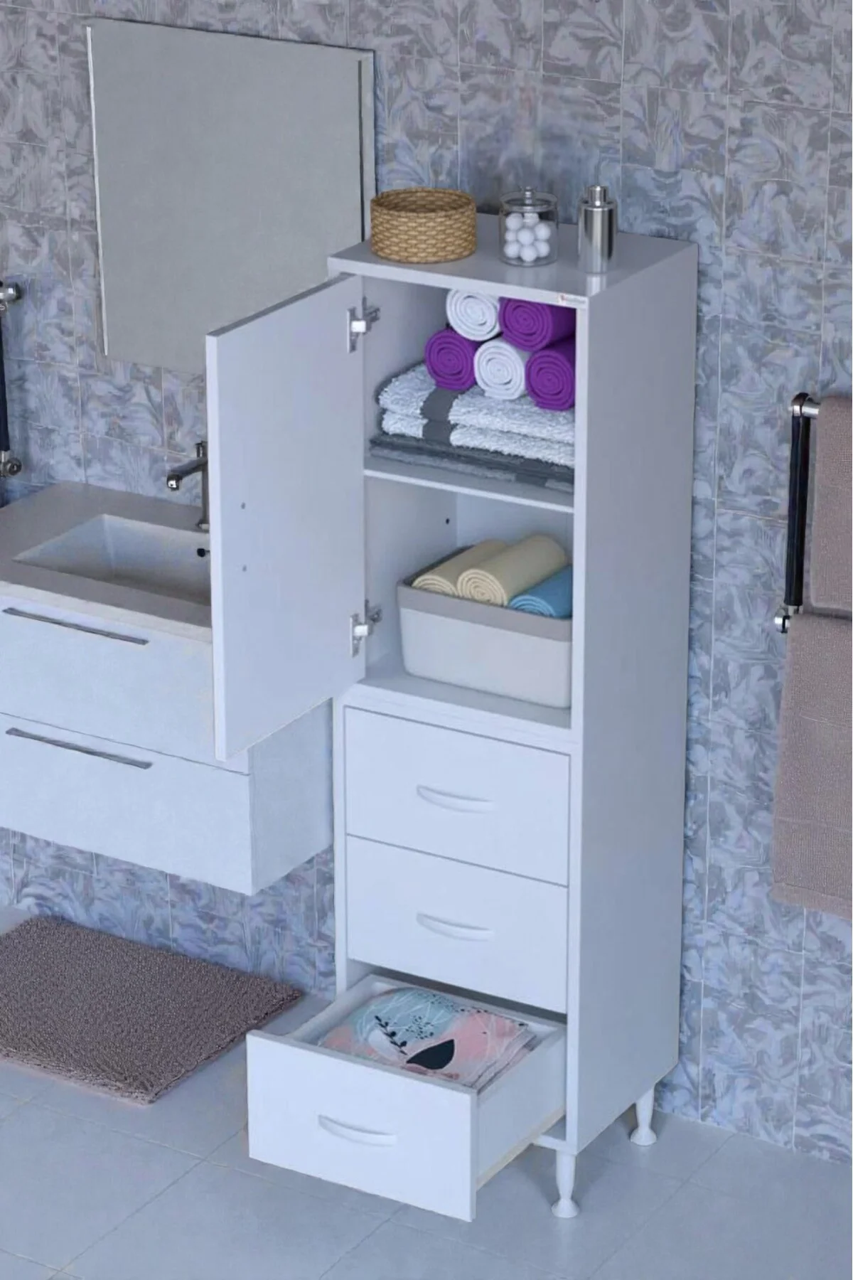 Alia Çok Kullanışlı Dolap G:50 cm Üst Bölme Kapaklı Alt Bölme Çek
