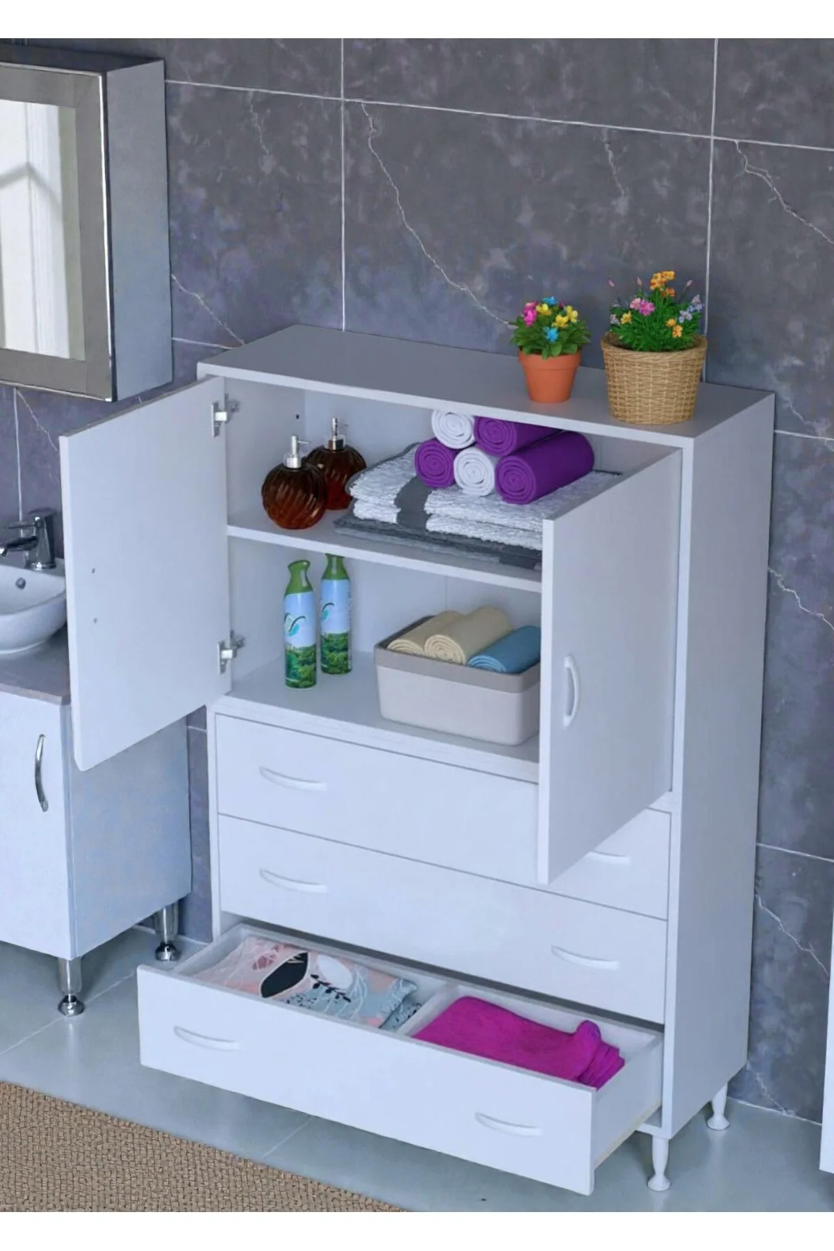 Alia Çok Kullanışlı Dolap G:90 cm Üst Bölme Kapaklı Alt Bölme Çek