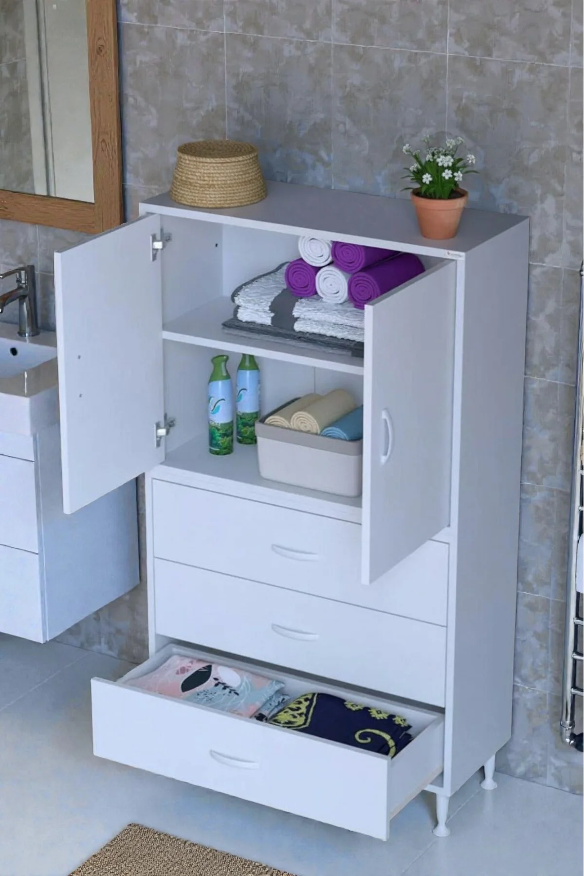 Alia Çok Kullanışlı Dolap G:75 cm Üst Bölme Kapaklı Alt Bölme Çek