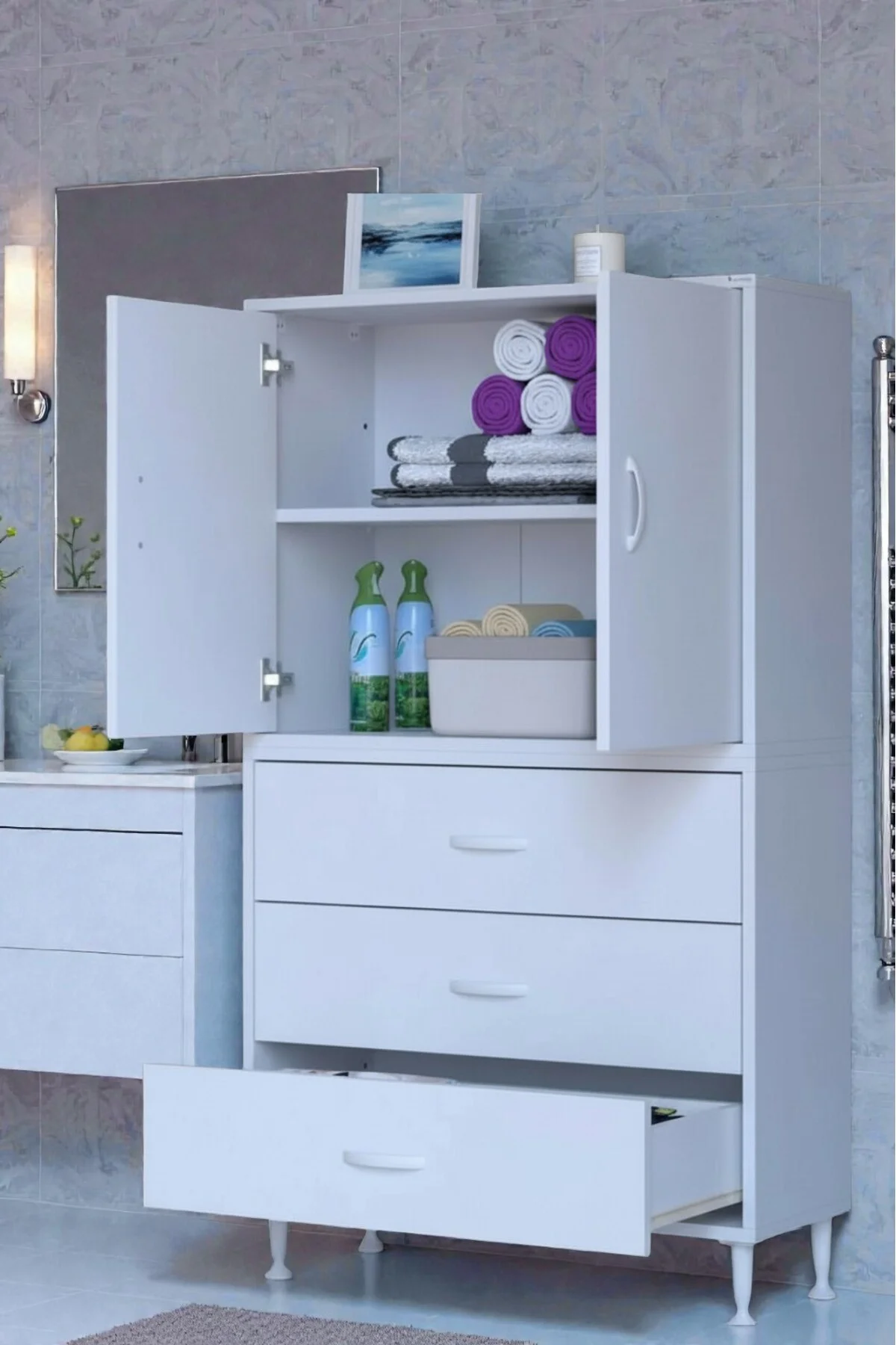 Alia Çok Kullanışlı Dolap G:80 cm Üst Bölme Kapaklı Alt Bölme Çek