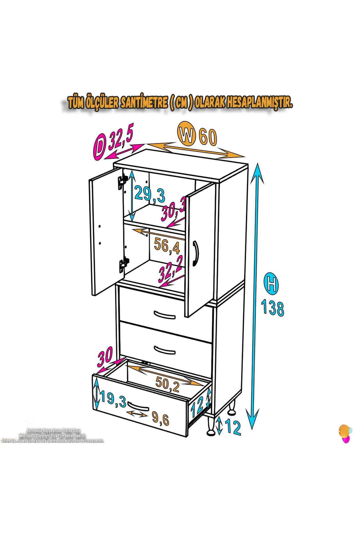 Alia Çok Kullanışlı Dolap G:60 cm Üst Bölme Kapaklı Alt Bölme Çek Alia Çok Kullanışlı Dolap G:60 cm Üst Bölme Kapaklı Alt Bölme Çek
