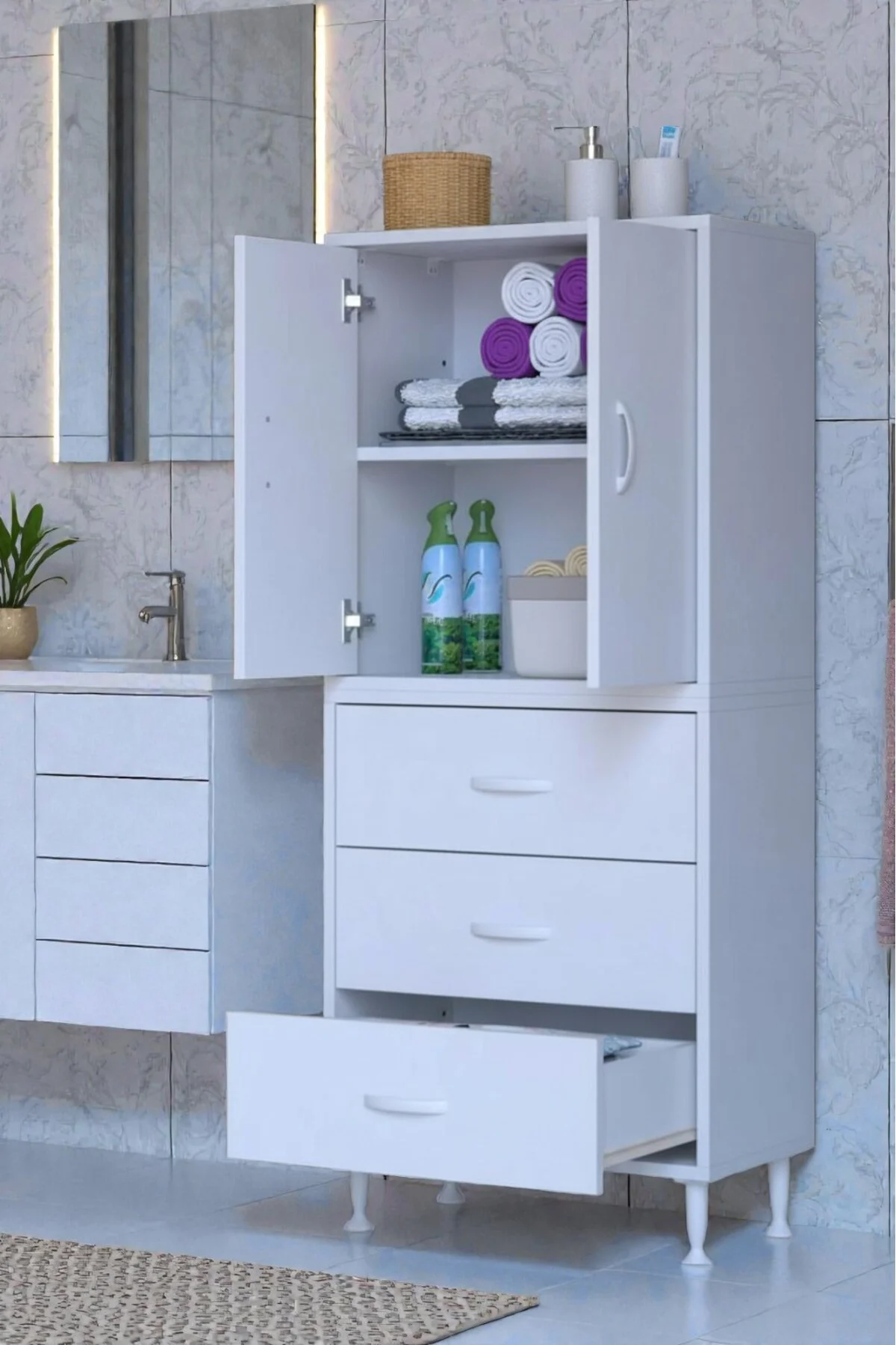 Alia Çok Kullanışlı Dolap G:55 cm Üst Bölme Kapaklı Alt Bölme Çek