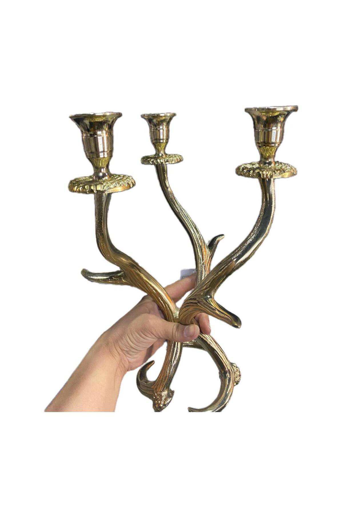 Elif Aksesuar Alım Gold Geyik Boynuzu 3 Lü Şamdan 34 Cm