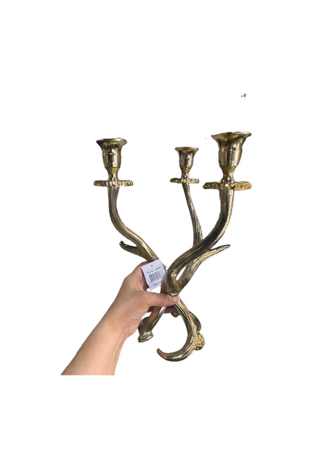 Elif Aksesuar Alım Gold Geyik Boynuzu 3 Lü Şamdan 34 Cm