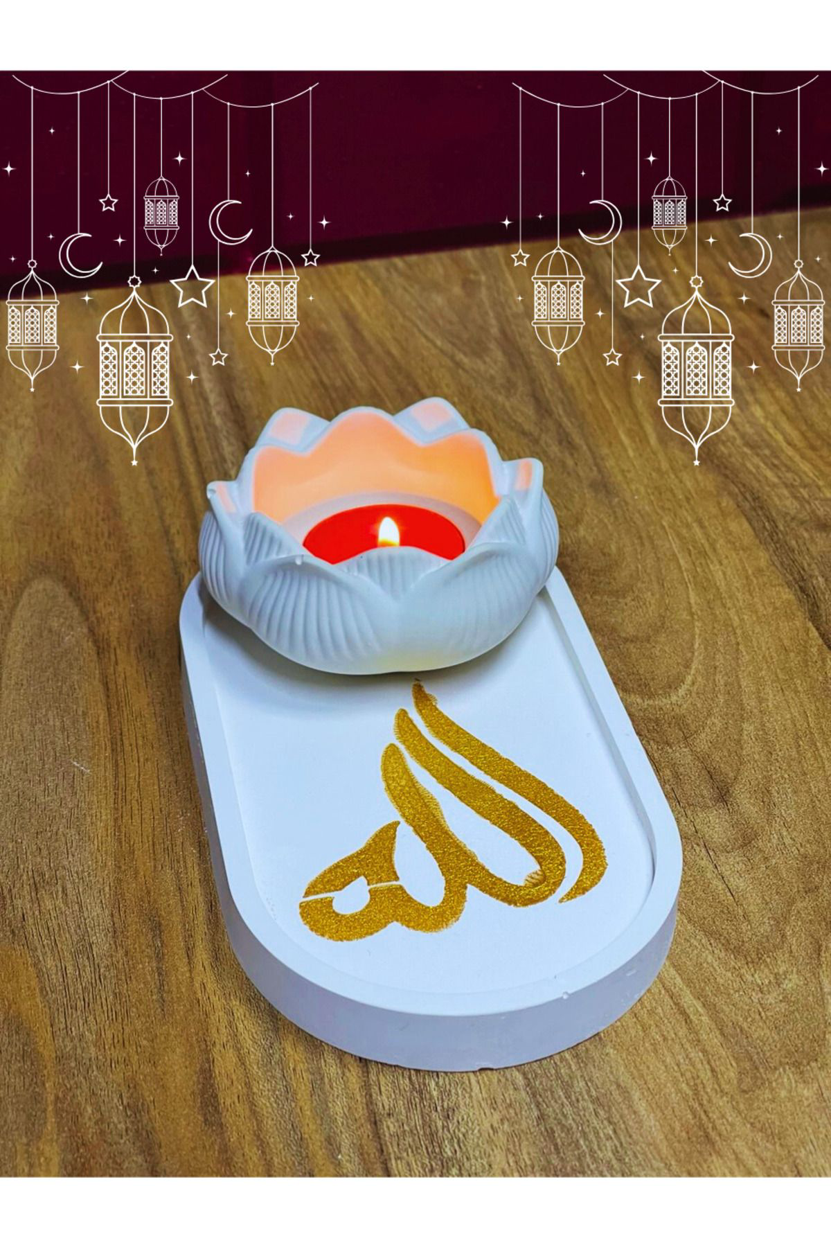 Allah Hat Sanatlı Oval Tepsi ve Lotus Mumluk Seti