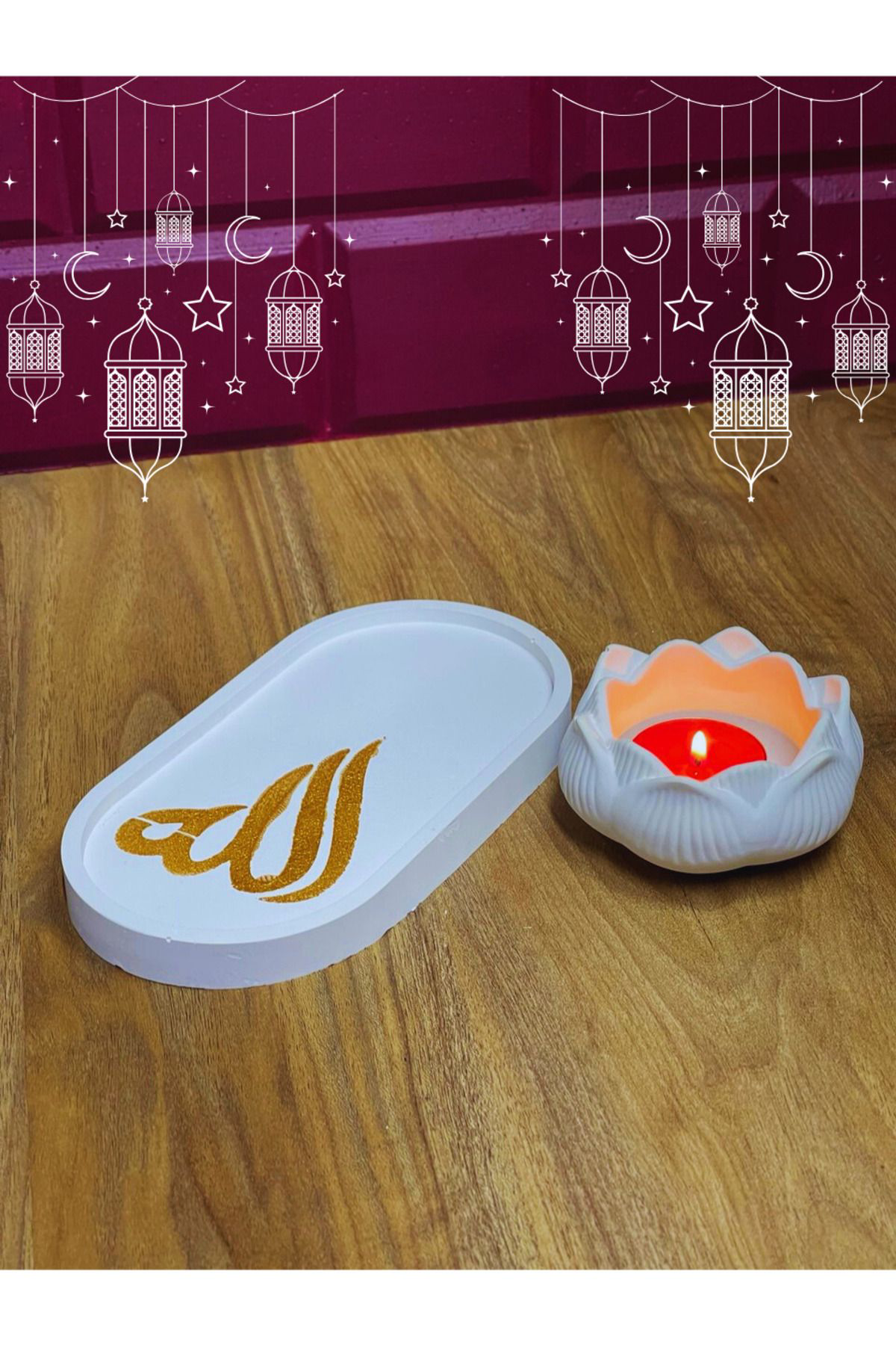 Allah Hat Sanatlı Oval Tepsi ve Lotus Mumluk Seti