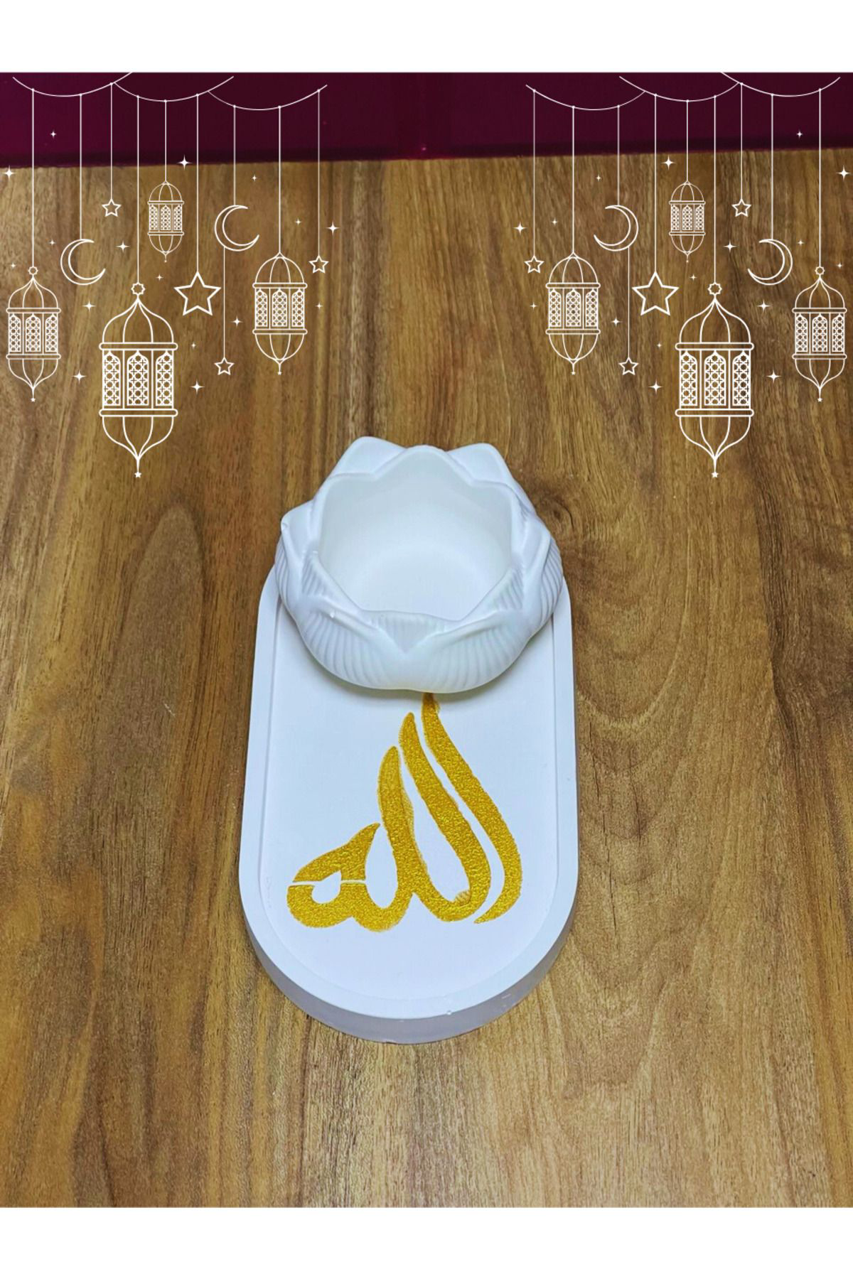 Allah Hat Sanatlı Oval Tepsi ve Lotus Mumluk Seti