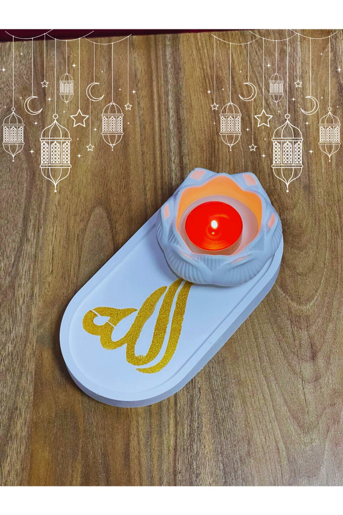 Allah Hat Sanatlı Oval Tepsi ve Lotus Mumluk Seti