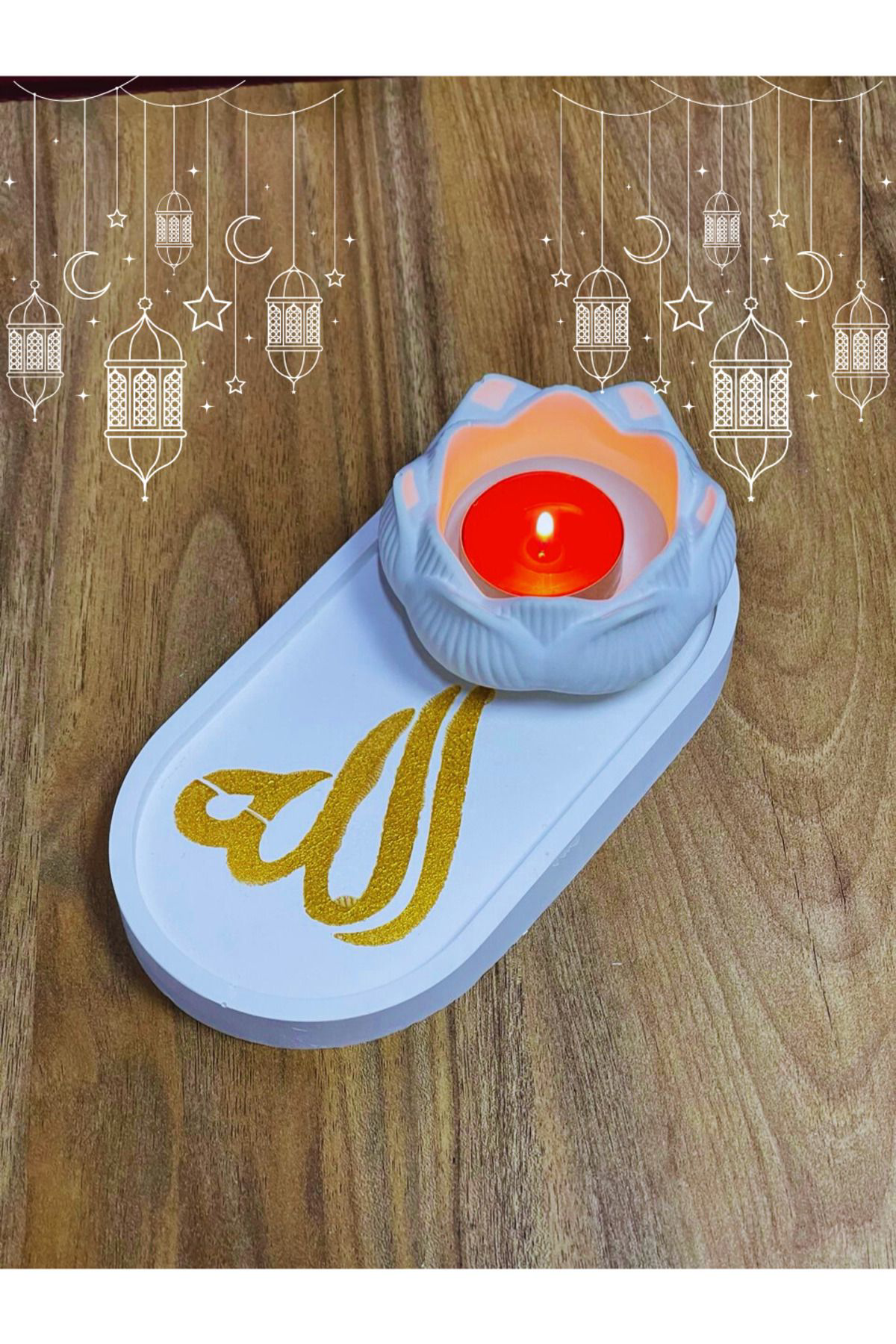 Allah Hat Sanatlı Oval Tepsi ve Lotus Mumluk Seti