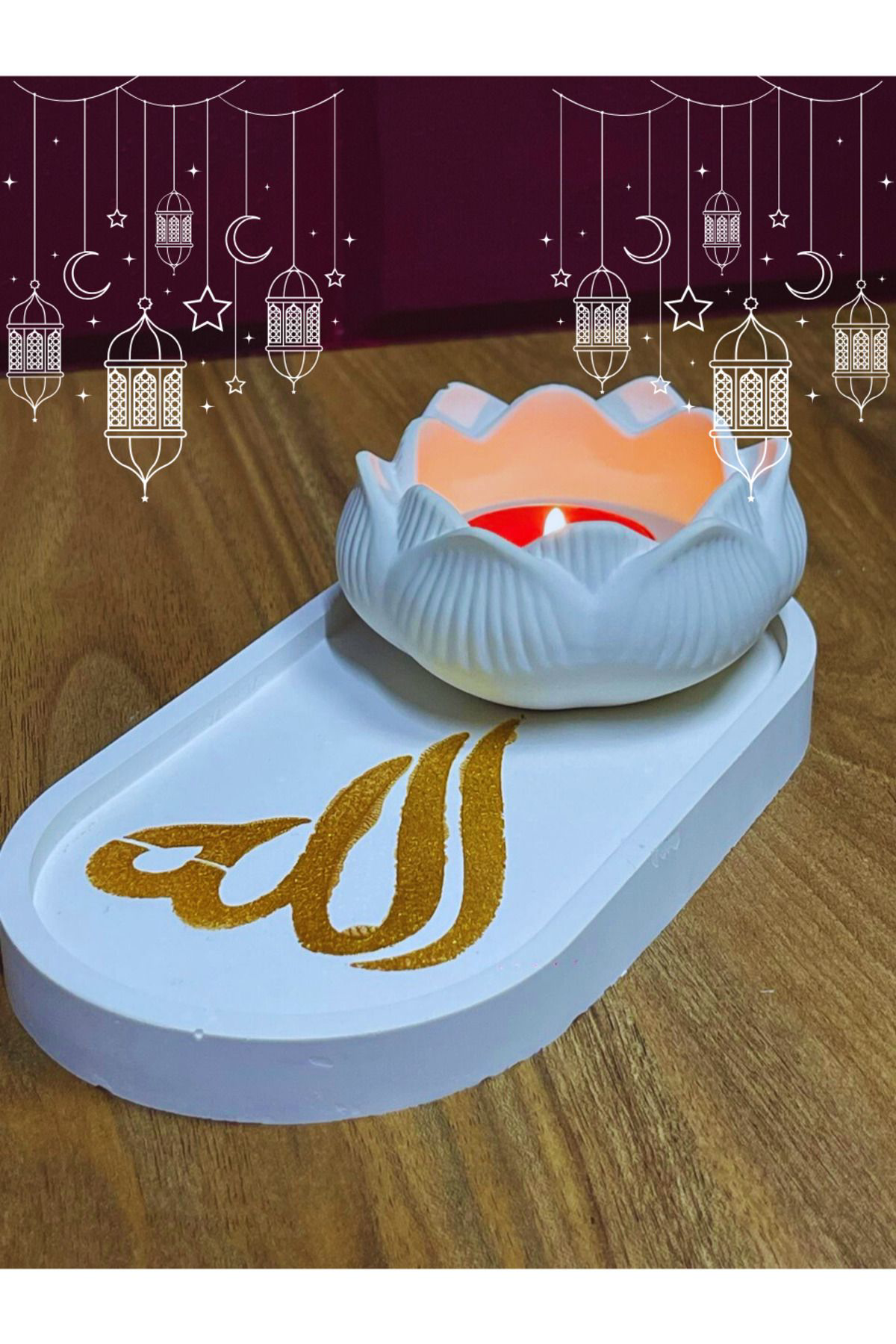 Allah Hat Sanatlı Oval Tepsi ve Lotus Mumluk Seti