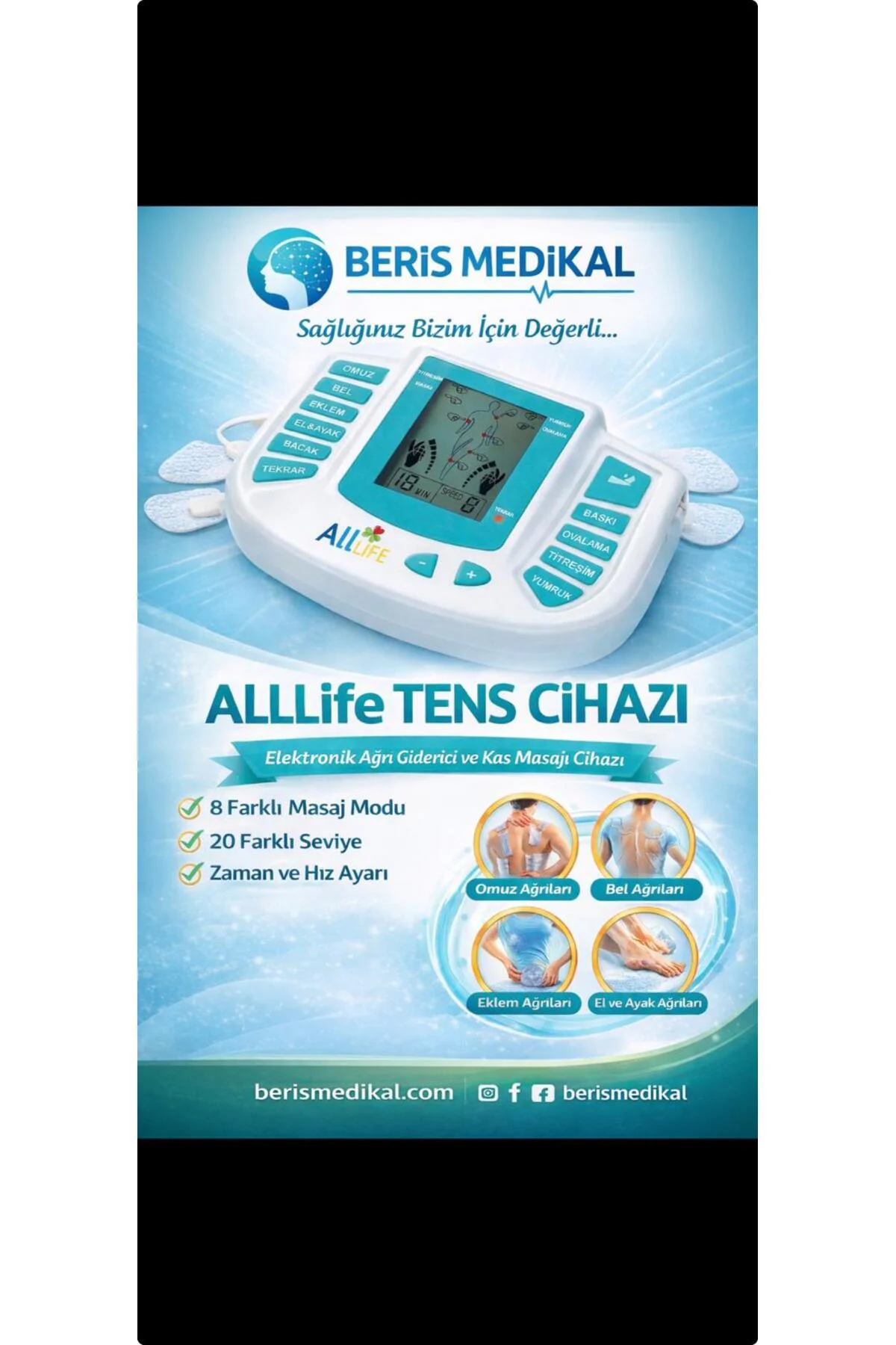 Allife 16 PEDLİ VE TERLİKLİ FİZİK TEDAVİ TENS CİHAZI MASAJ ALETİ (TÜRKÇE MENÜ)