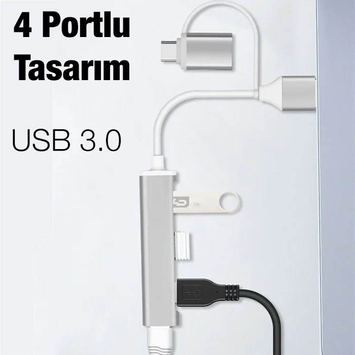 ALLY A-806 4in1 Type-C + USB Girişli USB 3.0 Çoğaltıcı Hub Adaptör Çevirici-1852