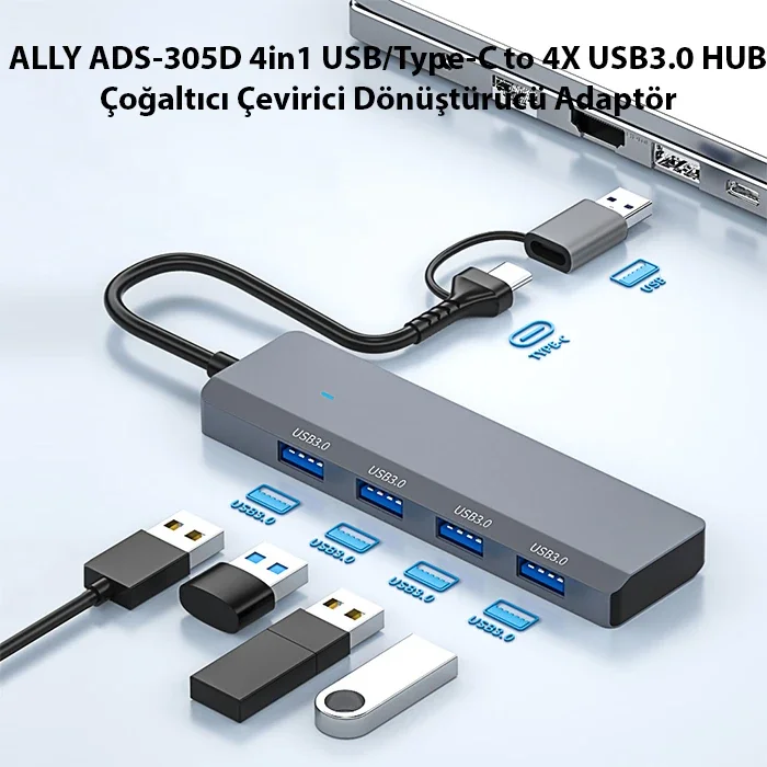 ALLY ADS-305D 4in1 USB/Type-C to 4X USB3.0 HUB Çoğaltıcı Çevirici Dönüştürücü Adaptör-1852 ALLY ADS-305D 4in1 USB/Type-C to 4X USB3.0 HUB Çoğaltıcı Çevirici Dönüştürücü Adaptör-1852