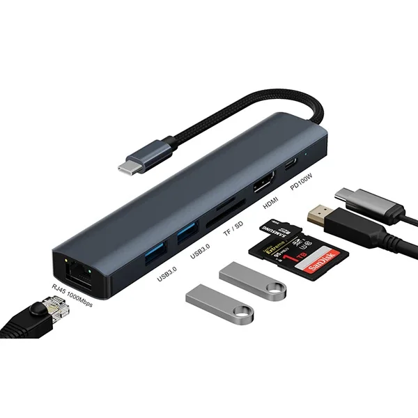 ALLY BYL-2303 7 IN 1 Type-c To USB + Type-c + Ethernet + Kart Okuyucu + HDMI Dönüştürücü Çoğaltıcı H-1852