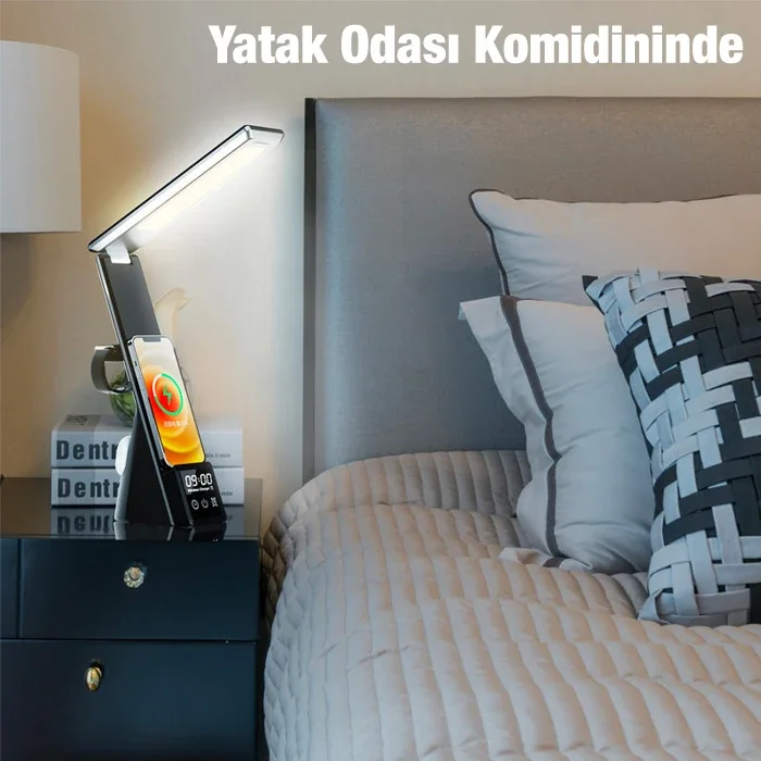 ALLY Dijital Saatli 15W Kablosuz Şarjlı LED Işıklı Katlanabilir Masa Lambası-1852