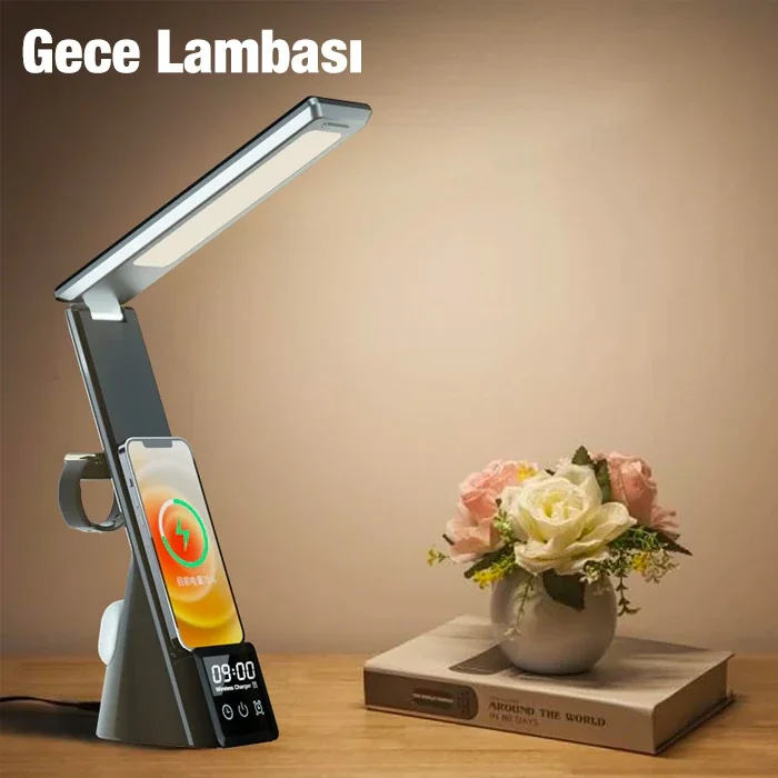 ALLY Dijital Saatli 15W Kablosuz Şarjlı LED Işıklı Katlanabilir Masa Lambası-1852