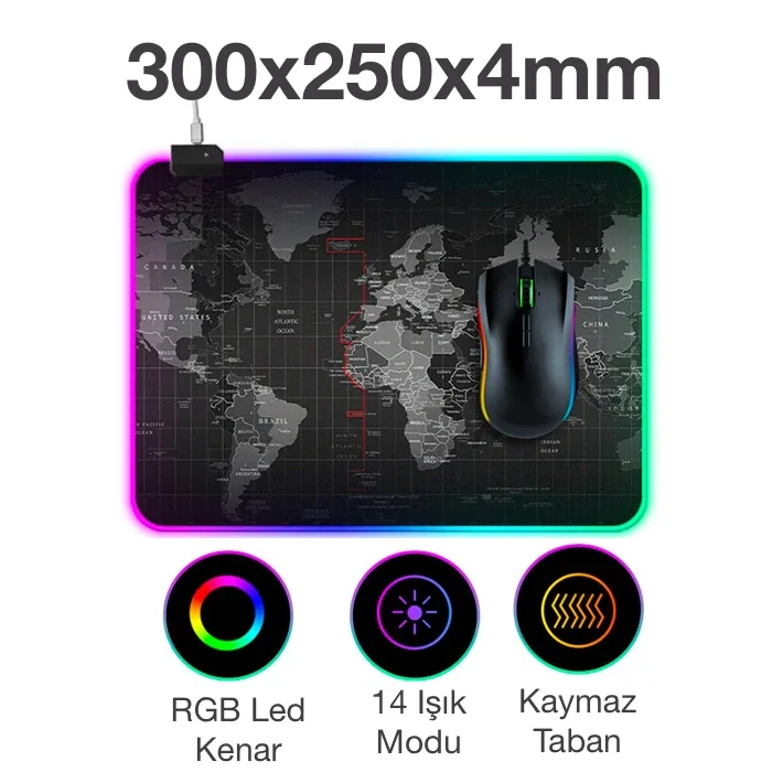 ALLY Dünya Desenli RGB Led Işıklı Oyuncu Mouse Pad 300*250*4MM-1852