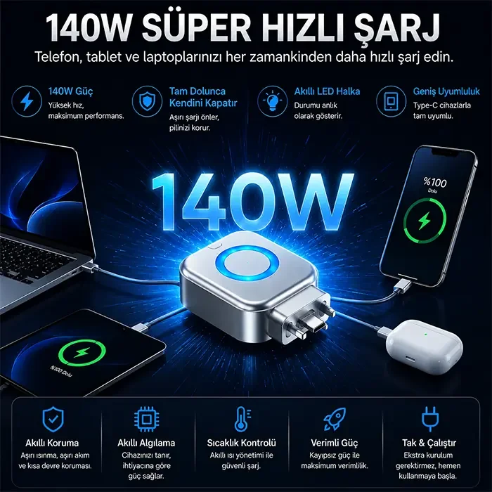 ALLY HyperCharge 140W AI Akıllı Şarj Kesici Adaptör – Şarj Dolunca Otomatik Kapanan Batarya Koruyucu-1852 ALLY HyperCharge 140W AI Akıllı Şarj Kesici Adaptör – Şarj Dolunca Otomatik Kapanan Batarya Koruyucu-1852