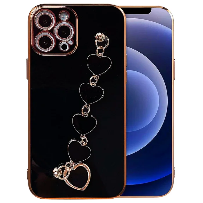 Ally iPhone 12 Pro 6.1inç Kılıf Kalp Bileklik Tutuculu Lüx Silikon Askılı Kılıf-1852