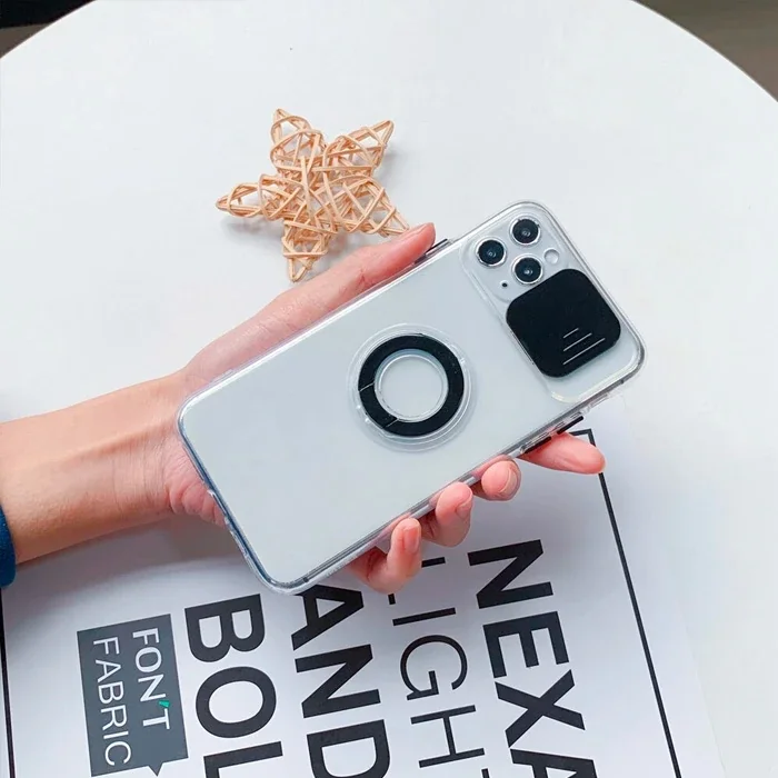 Ally iPhone 12 Pro Max Kılıf Sürgülü Kamera Lens Korumalı Yüzük Standlı Silikon Kılıf-1852