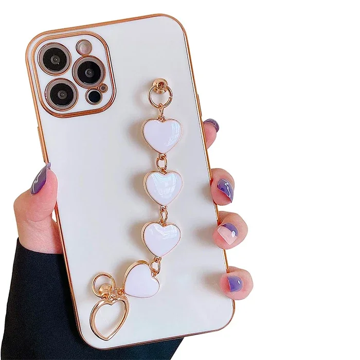 Ally iPhone 13 Pro Max 6.7inç Kılıf Kalp Bileklik Tutuculu Lüx Silikon Askılı Kılıf-1852