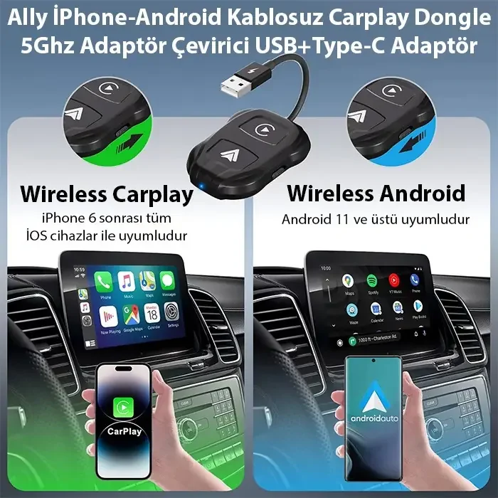 Ally iPhone-Android Kablosuz Carplay 5ghz Adaptör Çevirici -Youtube Netflix Tiktok Video Yansıtıcı-1852 Ally iPhone-Android Kablosuz Carplay 5ghz Adaptör Çevirici -Youtube Netflix Tiktok Video Yansıtıcı-1852