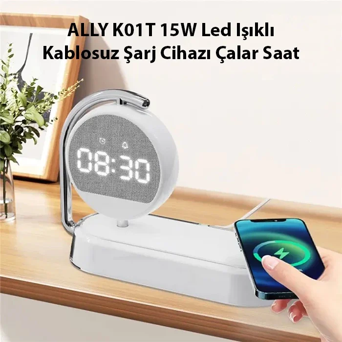 ALLY K01T 15W Led Işıklı Kablosuz Şarj Cihazı Çalar Saat-1852 ALLY K01T 15W Led Işıklı Kablosuz Şarj Cihazı Çalar Saat-1852
