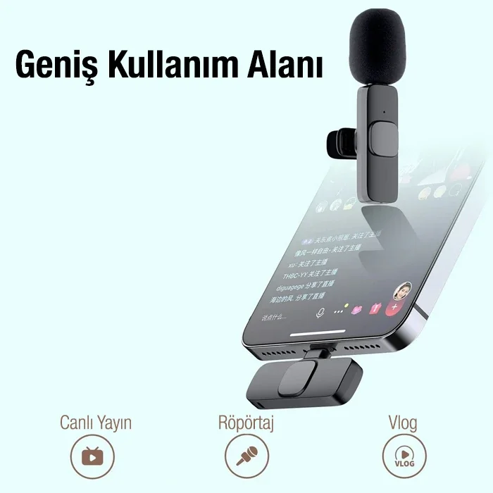 Ally K8 Lightning iPhone Tak Konuş Wireless Kablosuz Mini Yaka Mikrofonu Canlı Yayın Mikrofonu-1852